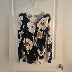 7th Ray Blue And White Asymmetrical Ruched Floral Blouse Top